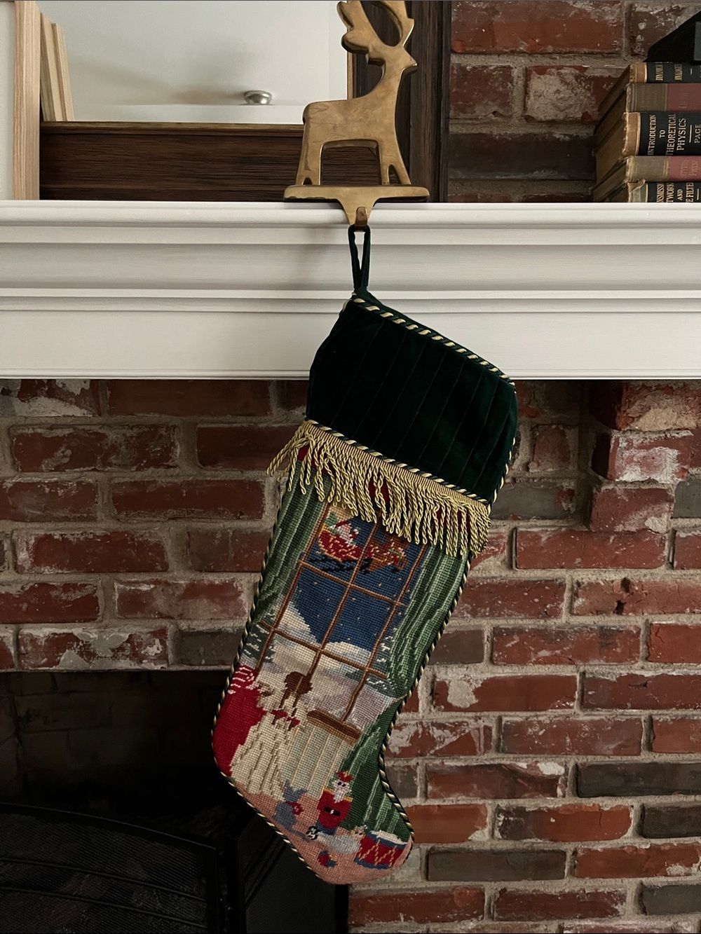 Vintage Needle Point and Velvet Christmas Stocking